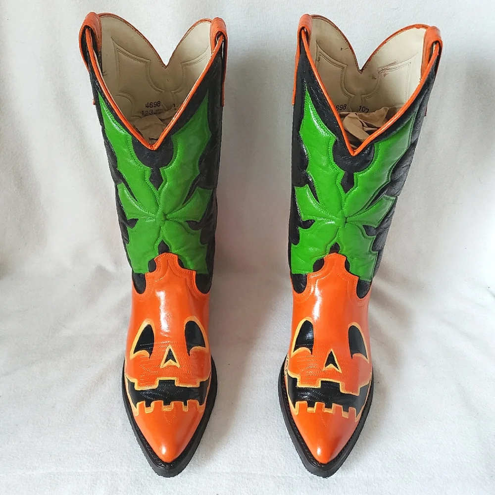 ❌SOLD❌Custom Jackolantern Vintage ACME Western Boots Pumpkin Cowboy Boots - Picture 2 of 14